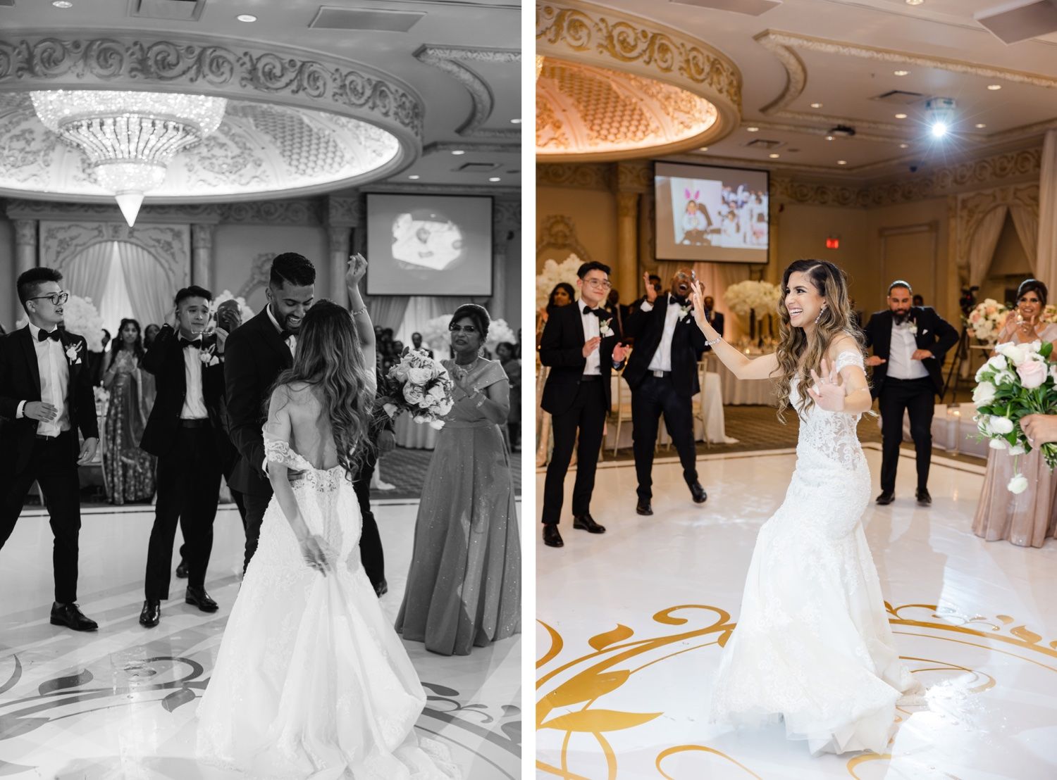 Wedding celebration in ballroom shown in color and black and white with elegant decor.
