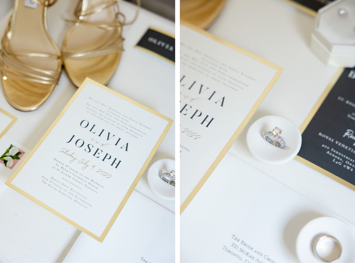 Elegant wedding invitation suite with gold accents and strappy sandals.