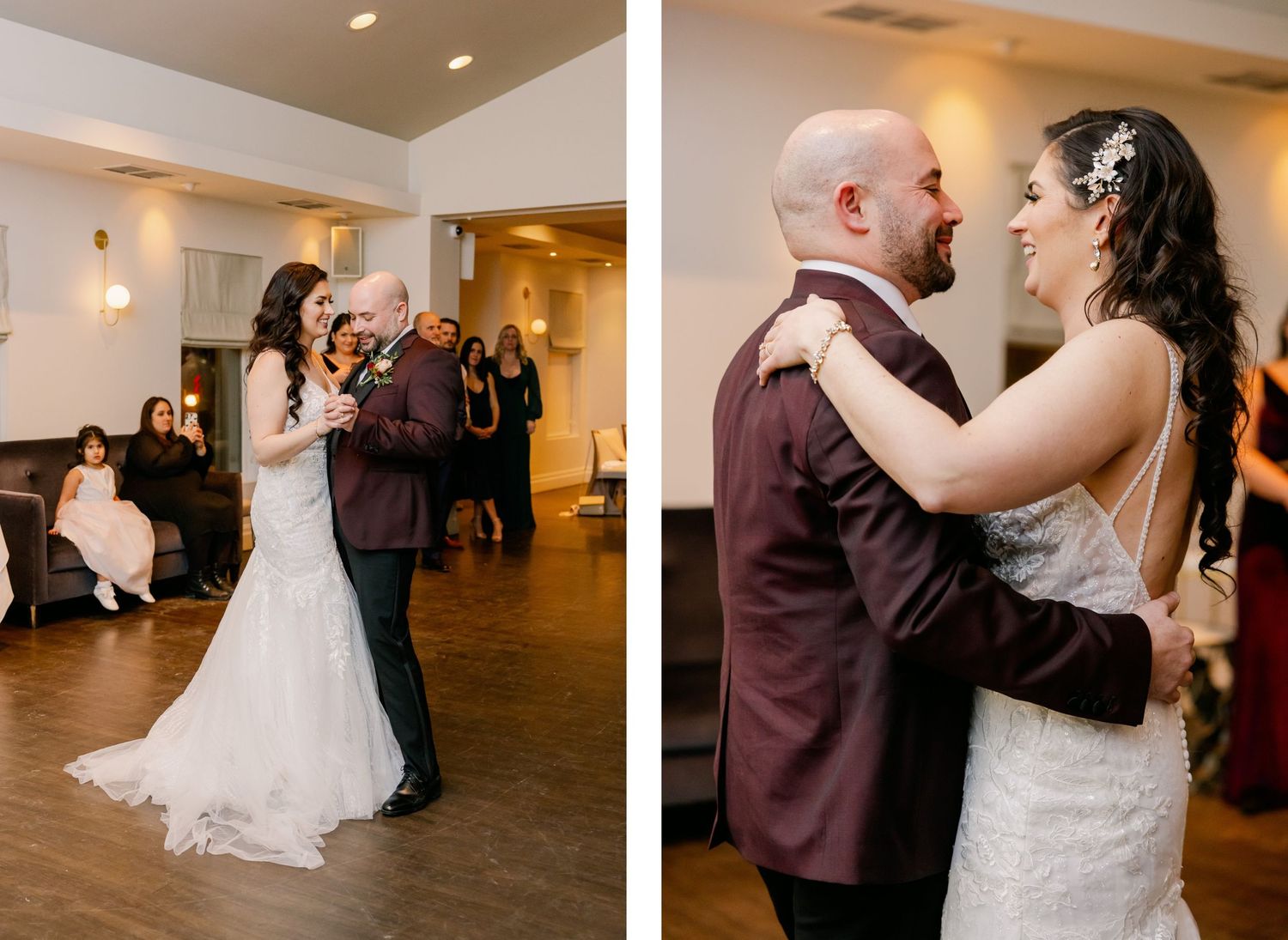 Side-by-side shots of couple's first dance in elegant reception venue.
