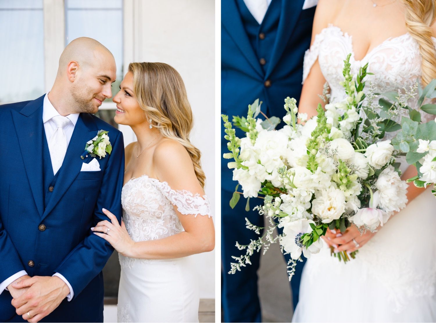 A tender moment between newlyweds in formal attire with white floral bouquet details.