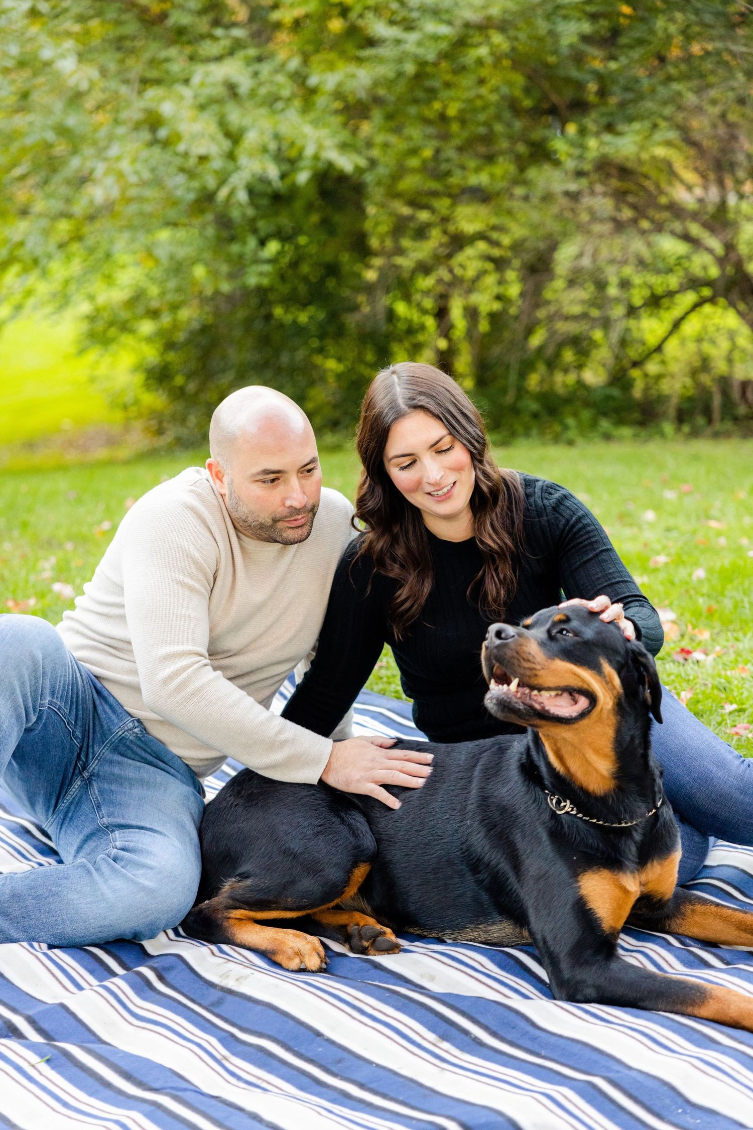 Happy couple petting their Rottweiler dog while relaxing on striped picnic blanket in park.