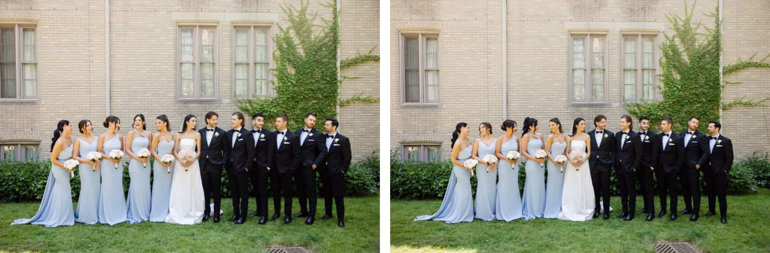 Formal wedding party poses on lawn in pale blue gowns and classic black tuxedos.