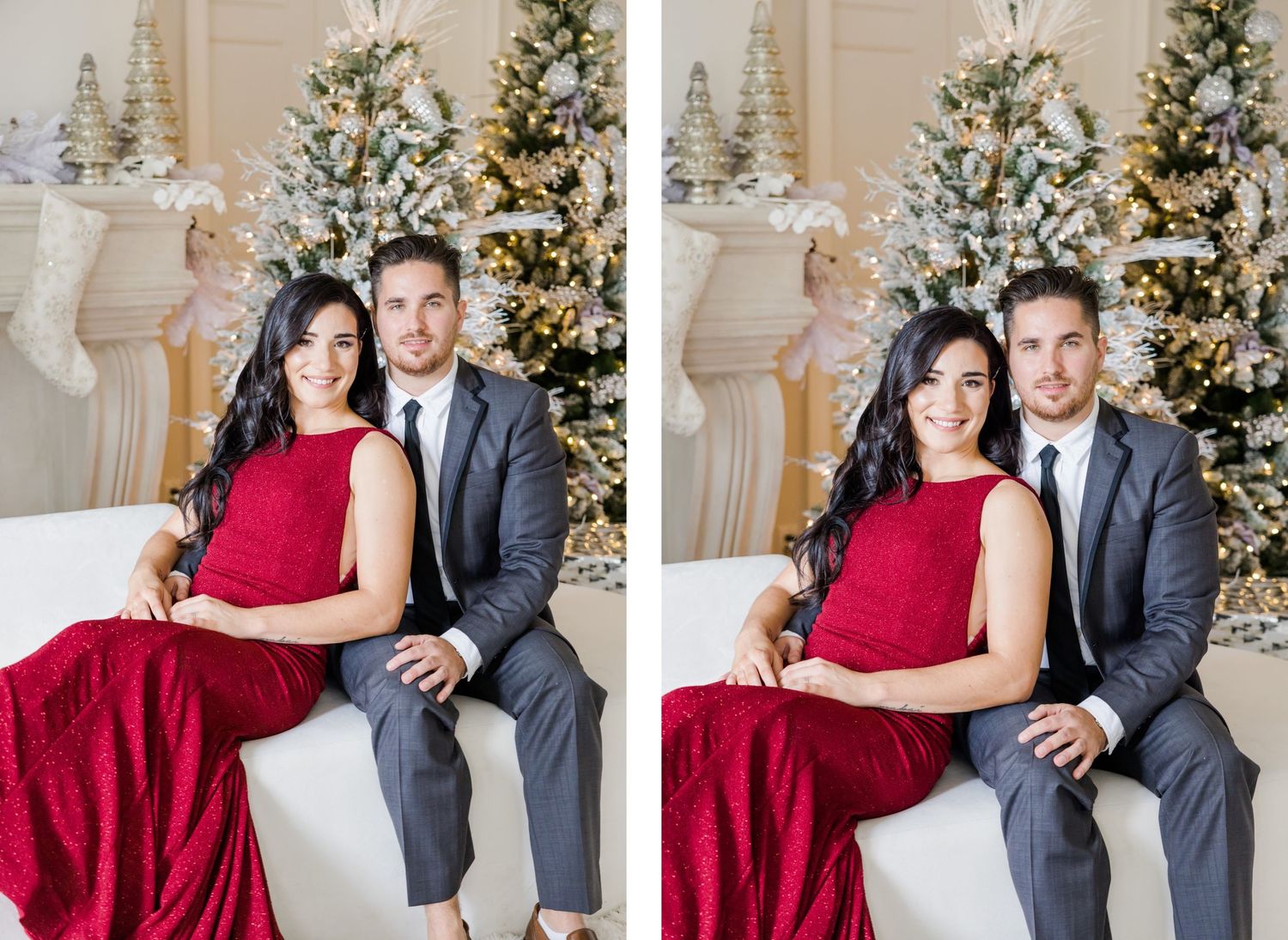 Side-by-side elegant Christmas portraits with red gown against decorated trees.