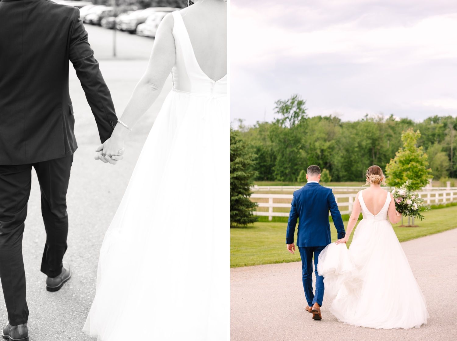 Side-by-side wedding photos showing couple walking together outdoors.