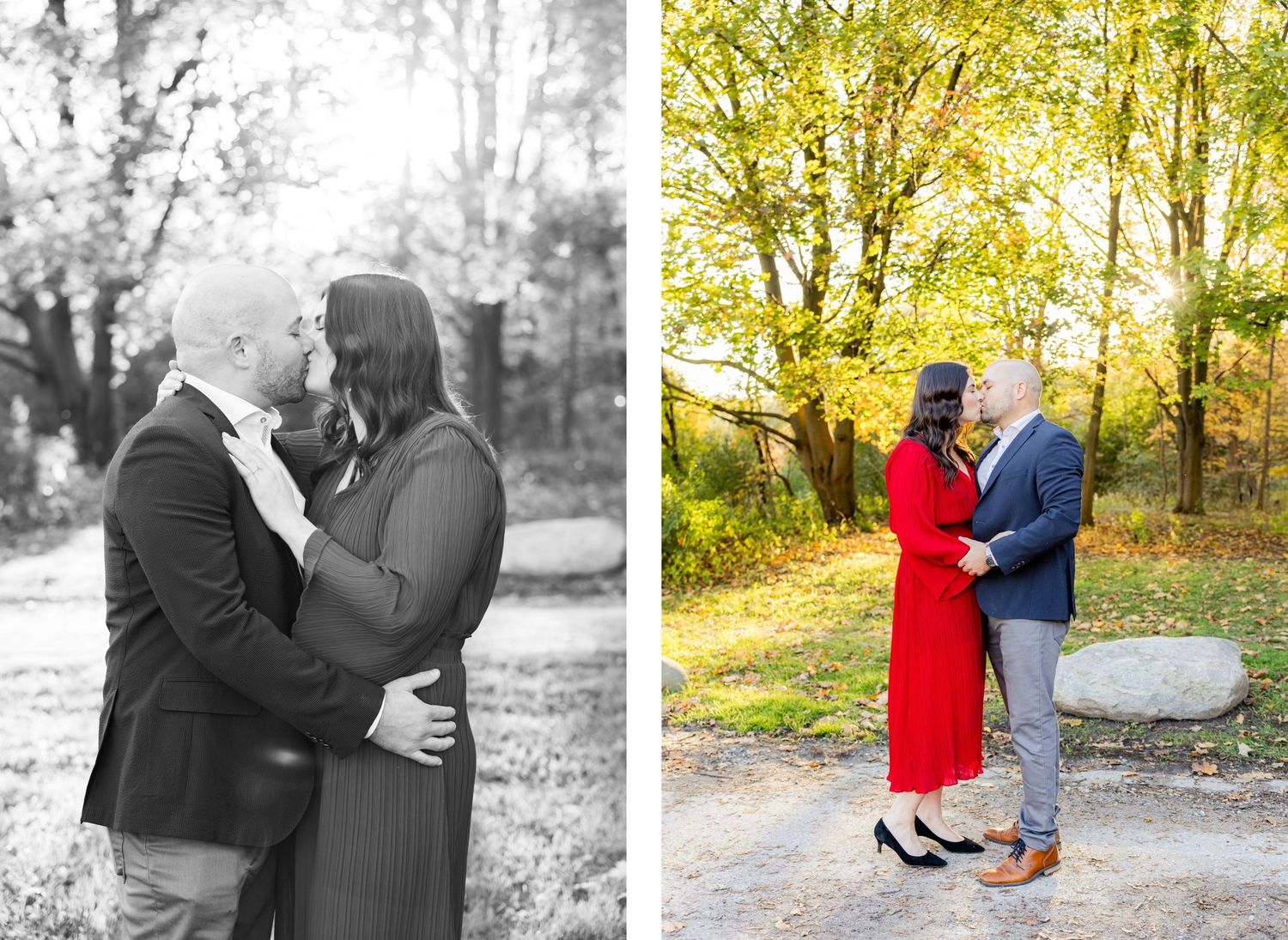 Romantic couple photoshoot in black and white and color showing tender moments in a fall setting.