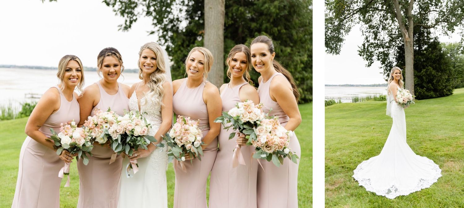 Bridesmaids in pink dresses hold bouquets next to bride in white gown.