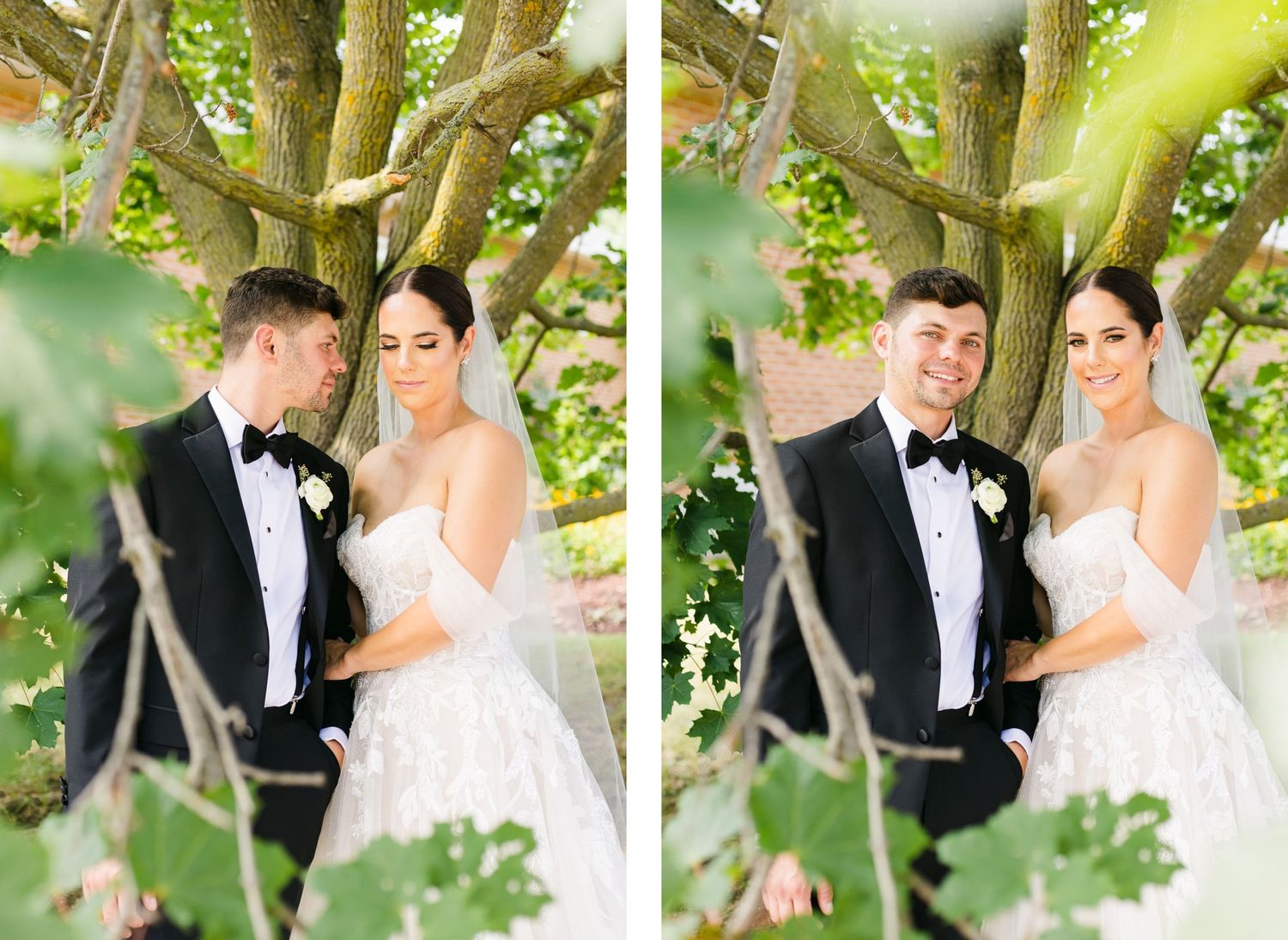Romantic wedding portraits through tree branches with natural sunlight filtering through the leaves.