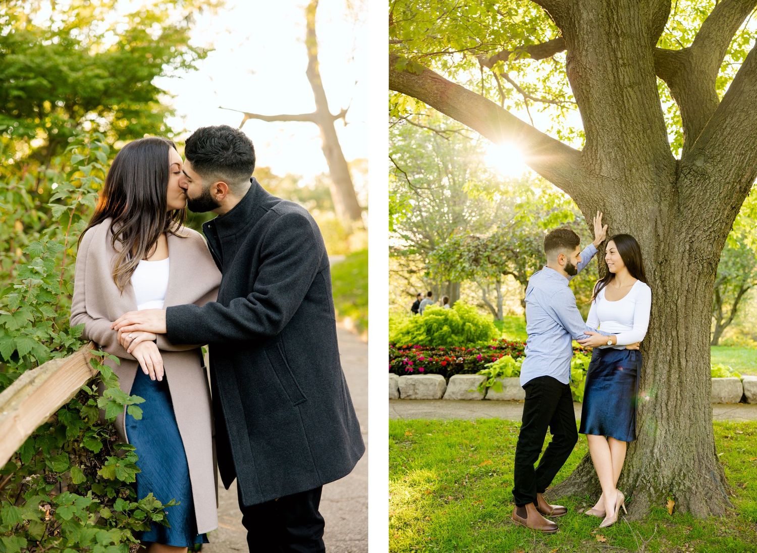 Side-by-side romantic portraits of couple embracing in park setting with golden sunlight.