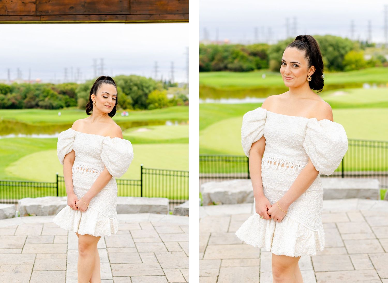 Outdoor photoshoot featuring a white off-shoulder dress against a golf course backdrop.
