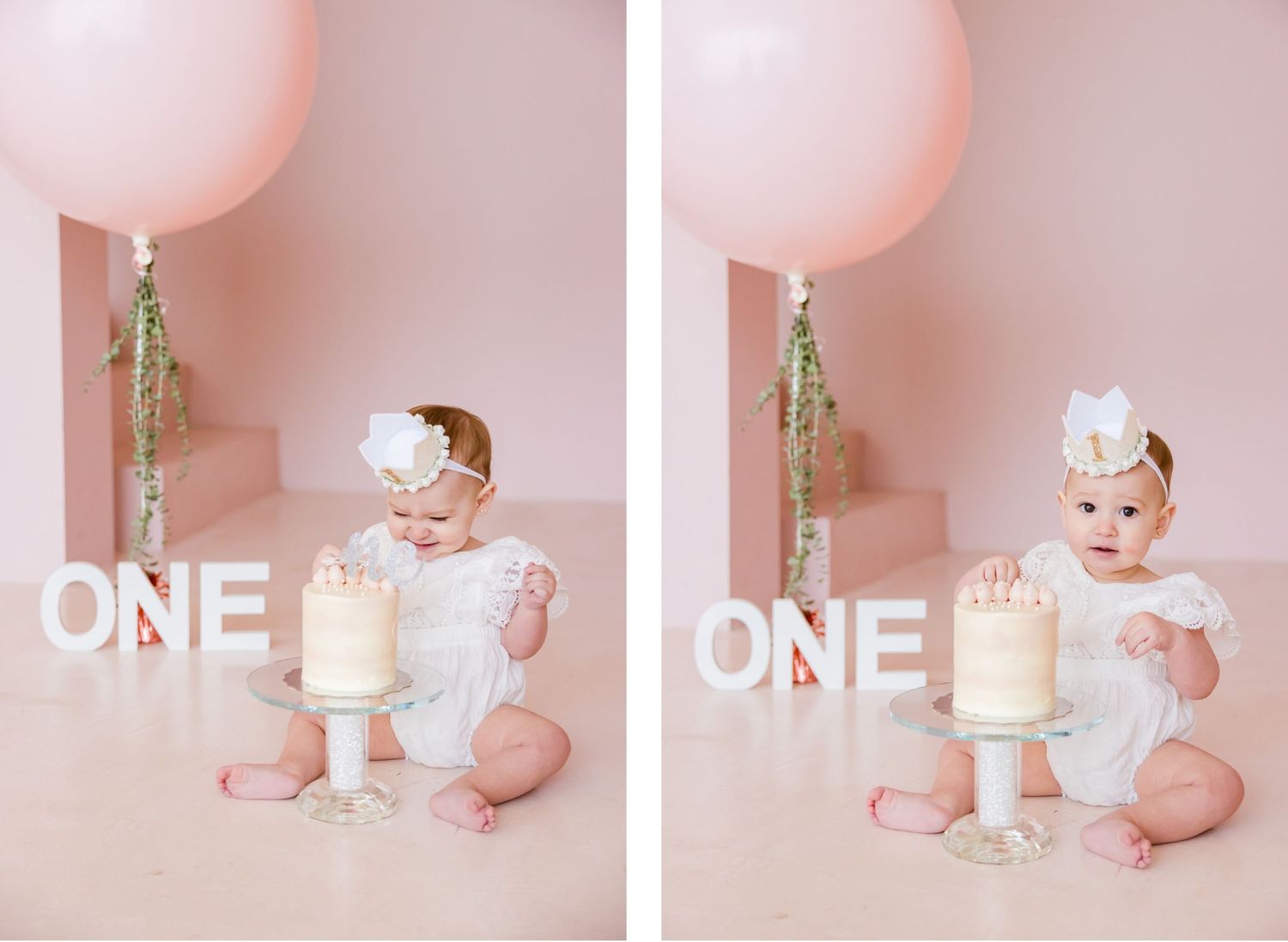 First birthday cake smash session with white cake and pink balloon in dual photo setup.