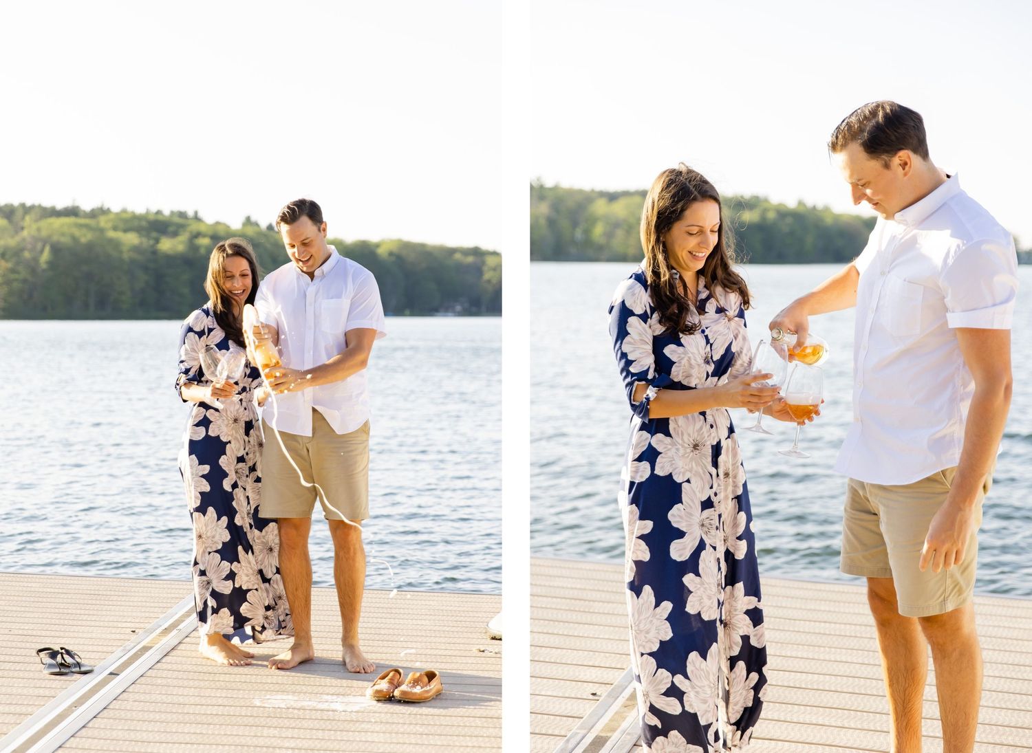 Summer lakeside photos of couple enjoying drinks on wooden pier.