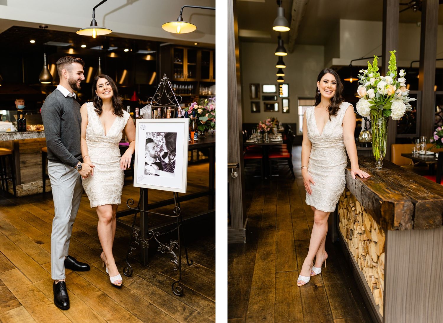 Split image of couple posing in restaurant interior with rustic decor.