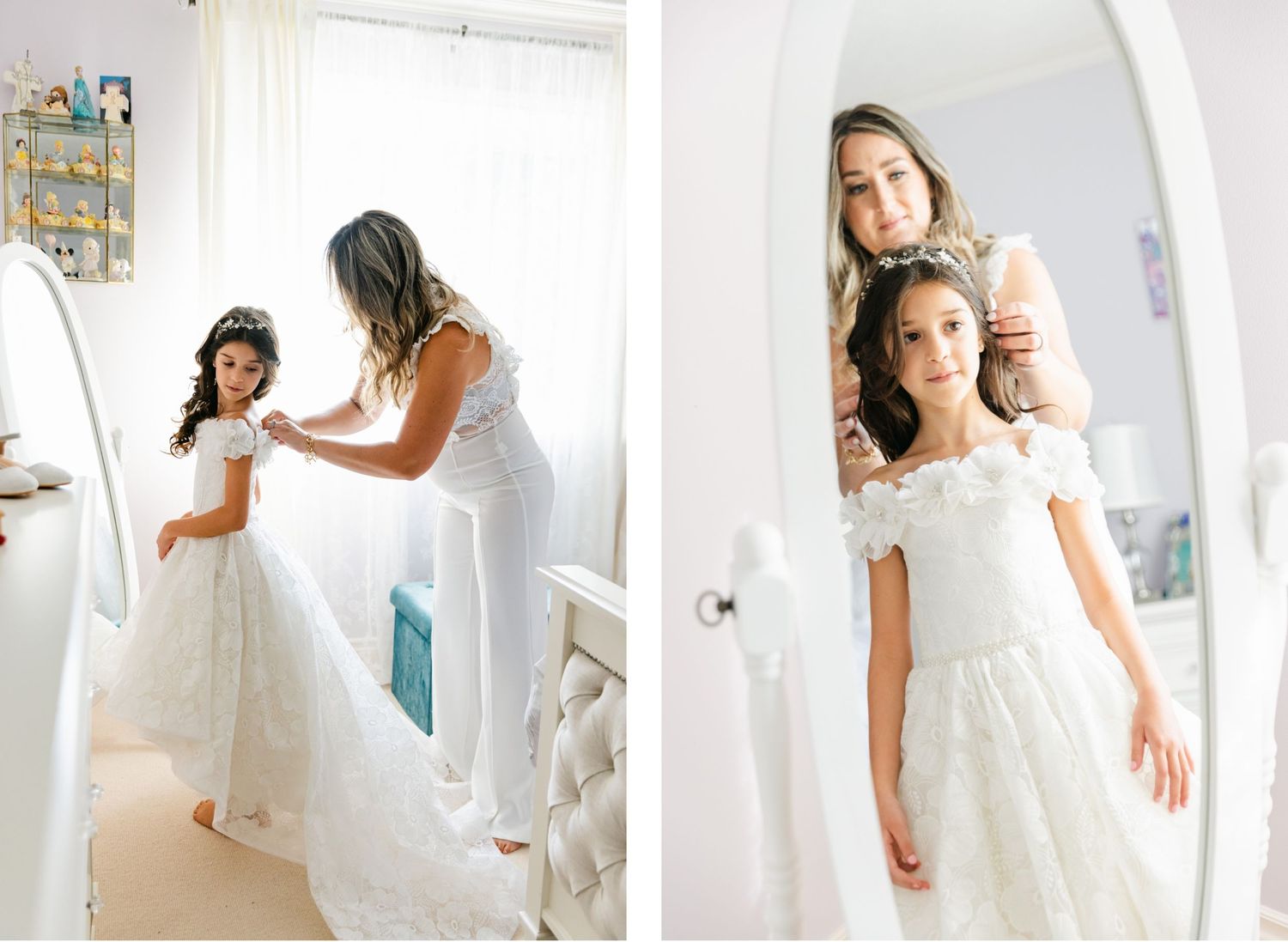 White wedding dress being fitted in bright dressing room with mirror.