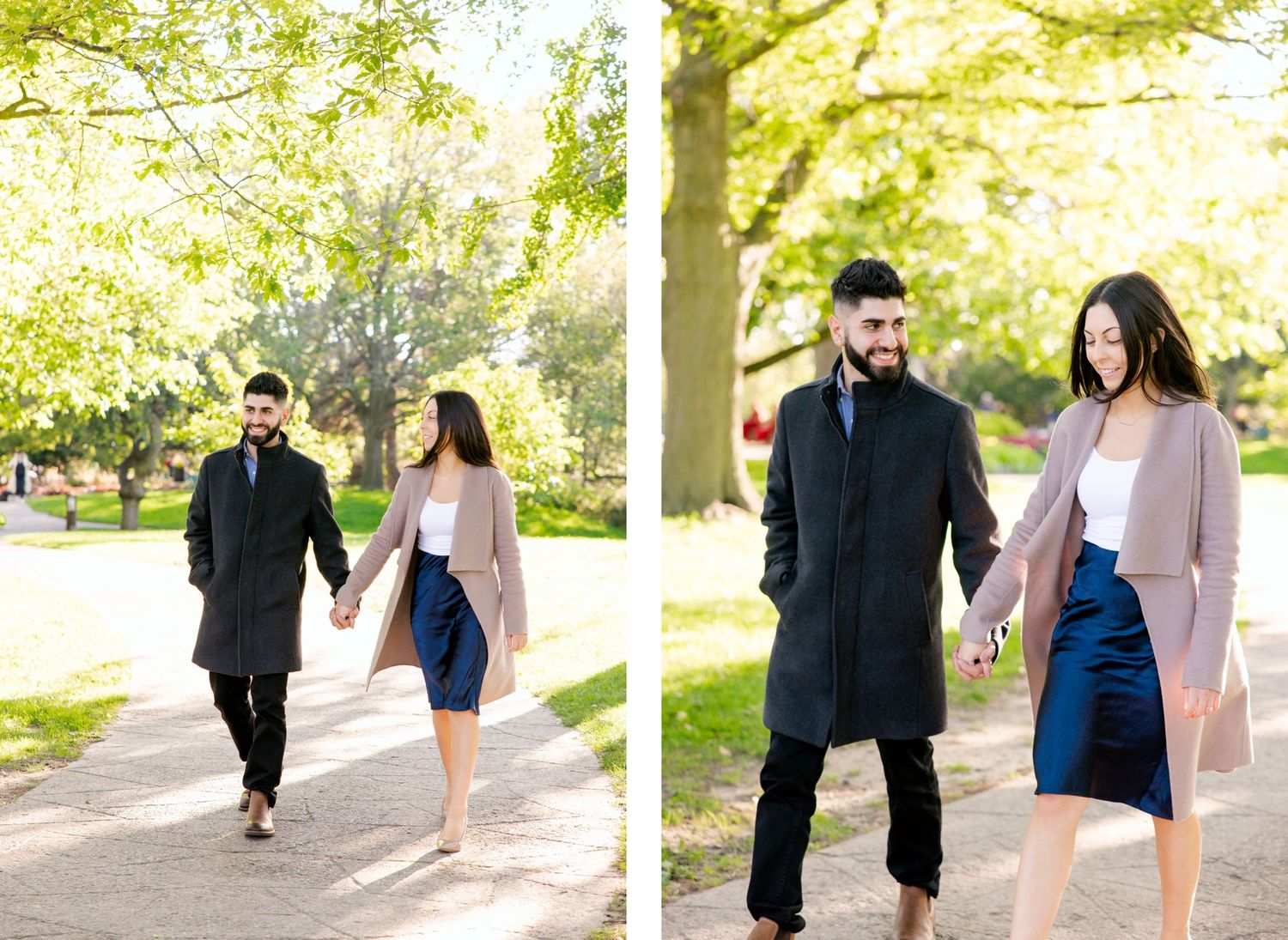 Two people hold hands while walking along a tree-lined path in split images showing different perspectives.