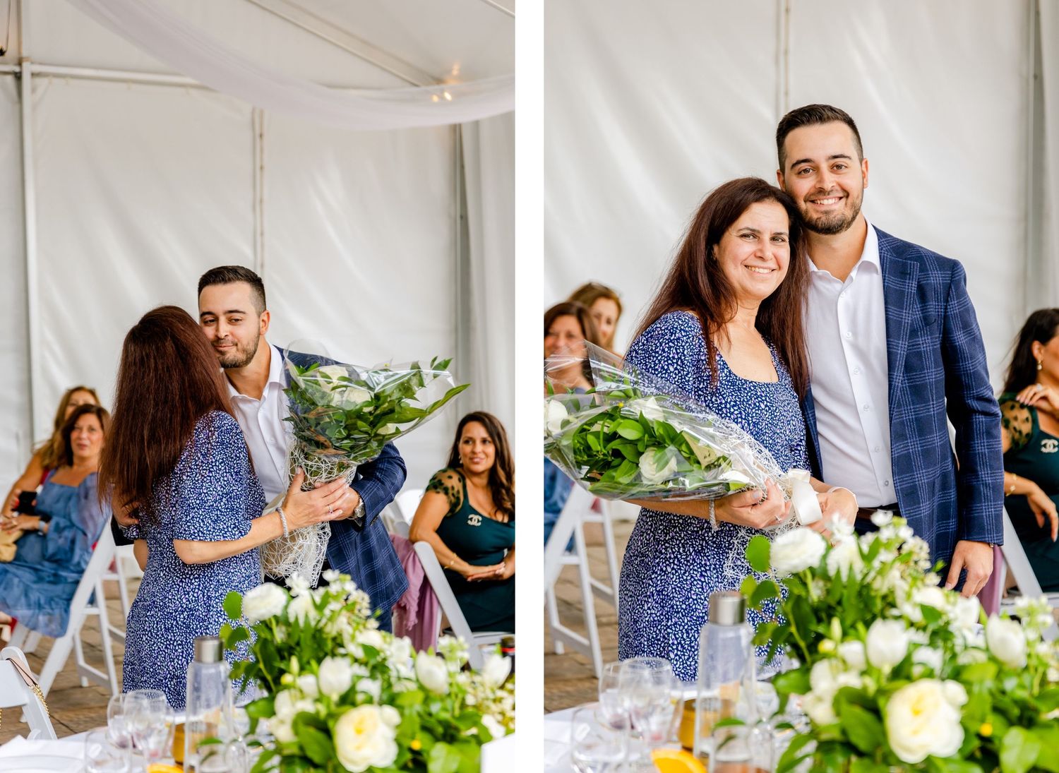 Celebratory moments captured at outdoor reception with floral decorations.