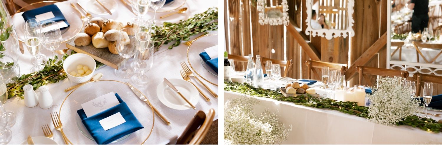 Rustic wedding reception tablescape details with blue accents and floral arrangements.