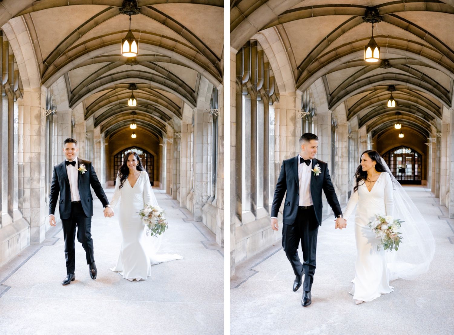 Two side-by-side photos of newlyweds walking through a vaulted Gothic corridor.