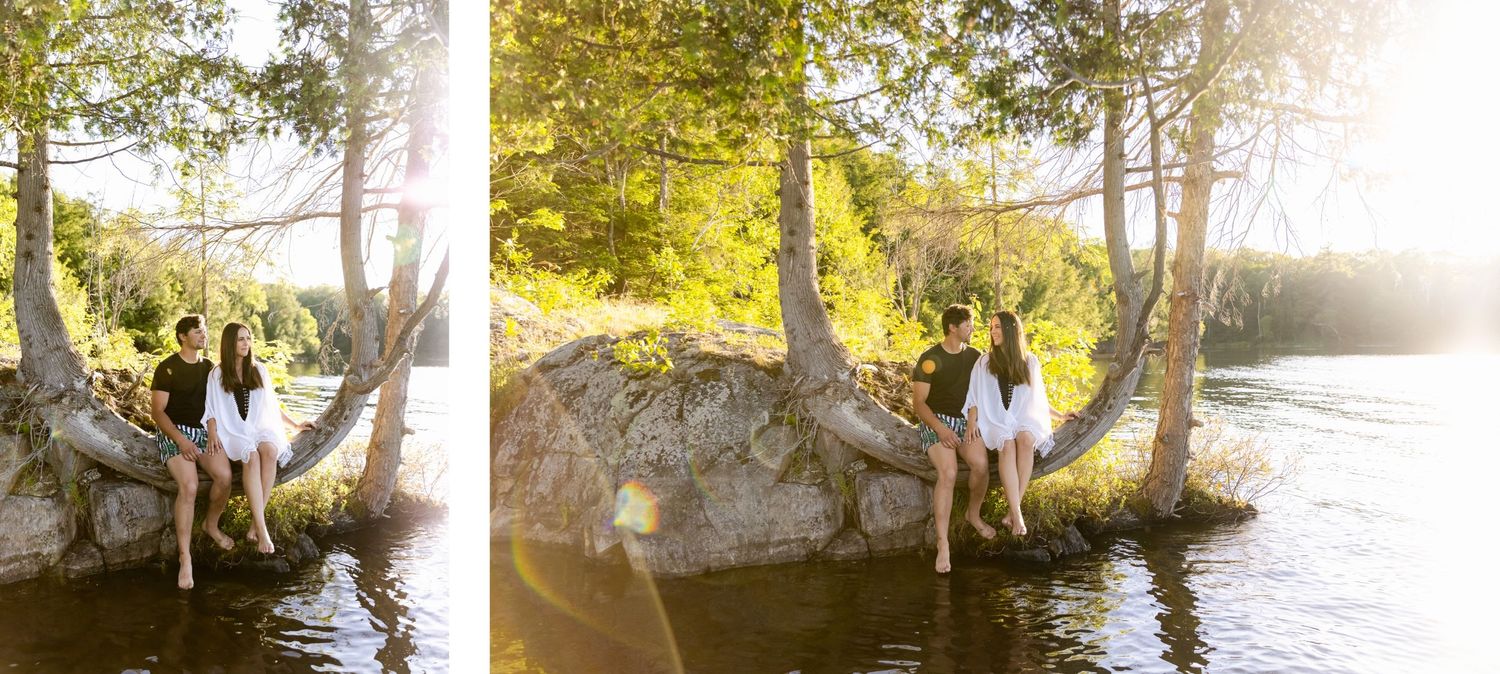 Scenic lakeside photos showing couple exploring rocky shoreline during golden hour.