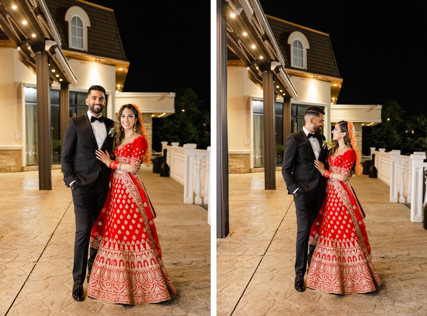 Elegant couple poses for wedding portraits on outdoor terrace at night with venue lighting.