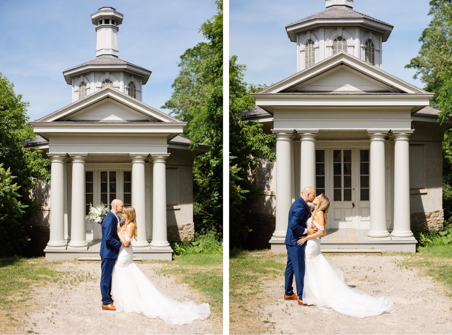 Newlyweds pose in front of elegant white classical building with columns and cupola.