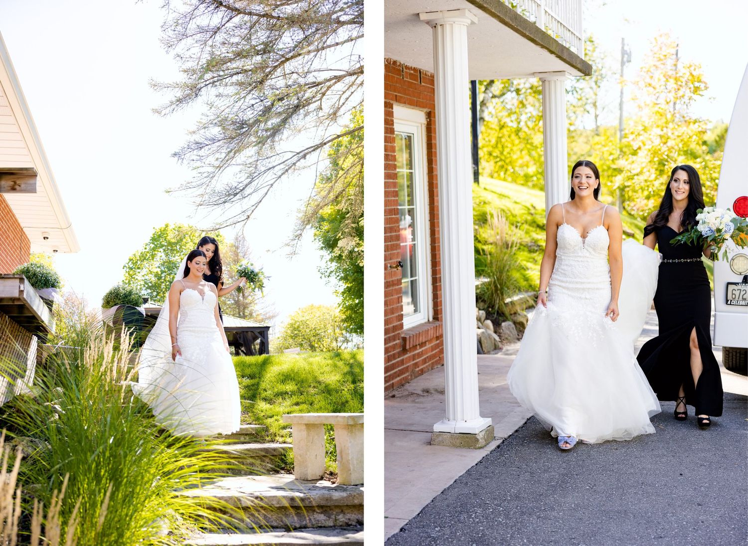 Outdoor wedding portraits against brick building with autumn foliage.