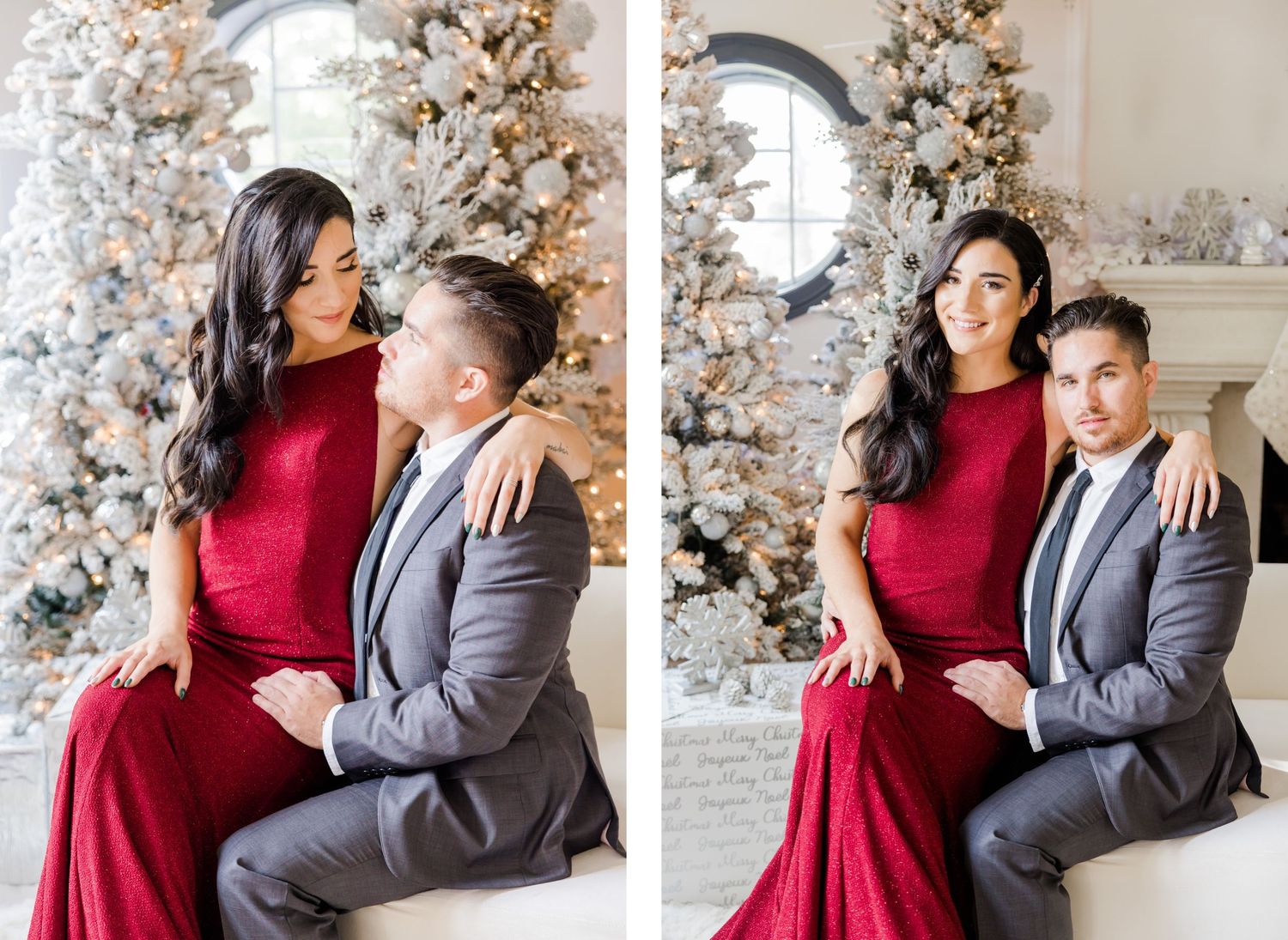 Intimate holiday portrait with Christmas trees and white decor as romantic backdrop.