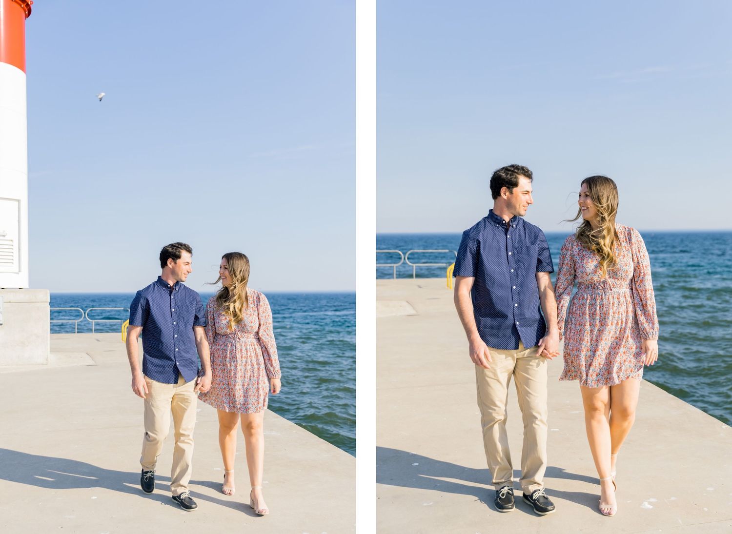 Two side-by-side photos show a couple walking and standing by a lighthouse on a bright summer day.