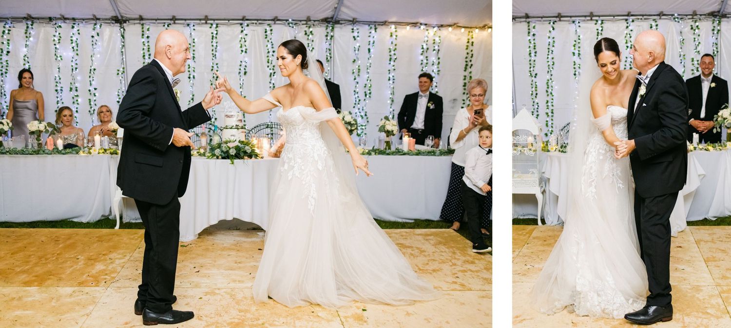 Wedding dance moments captured in sequence under decorative string lights and white backdrop.