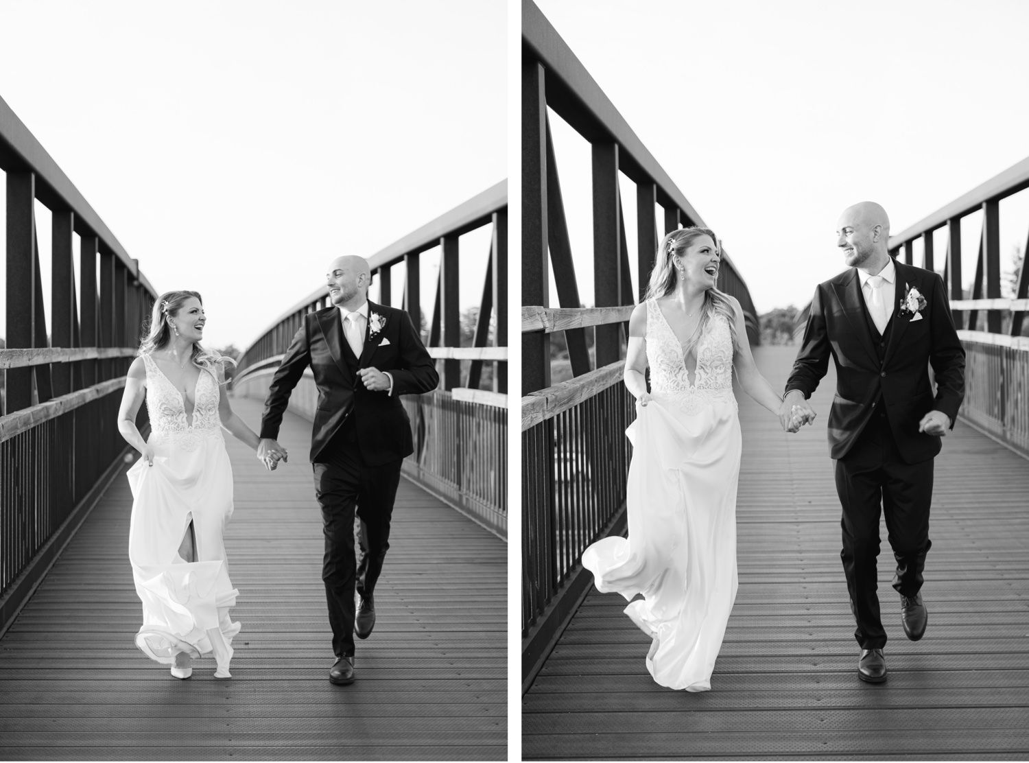 Black and white split image of a couple running joyfully across a bridge in wedding attire.
