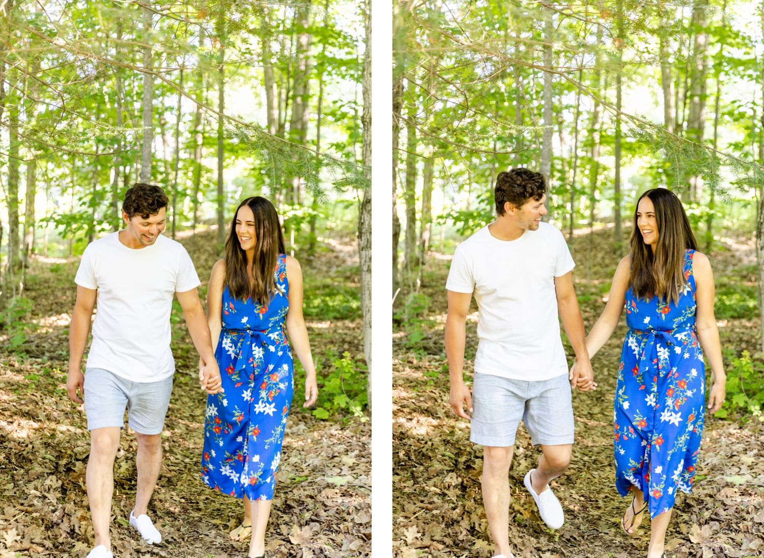 Side-by-side photos of couple walking through a green forest in summer clothing.