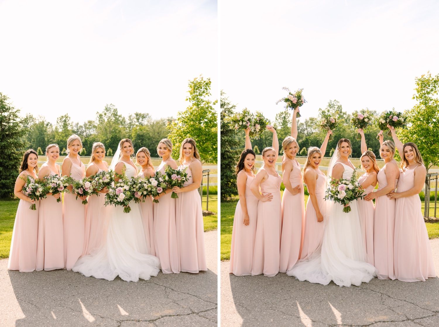 Two group shots of bridesmaids in pink dresses surrounding the bride in white at an outdoor venue.