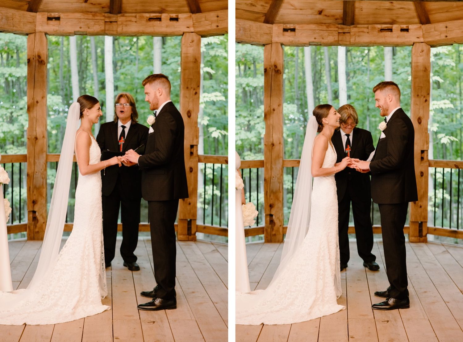 Wedding ceremony takes place in a rustic wooden gazebo surrounded by lush forest scenery.