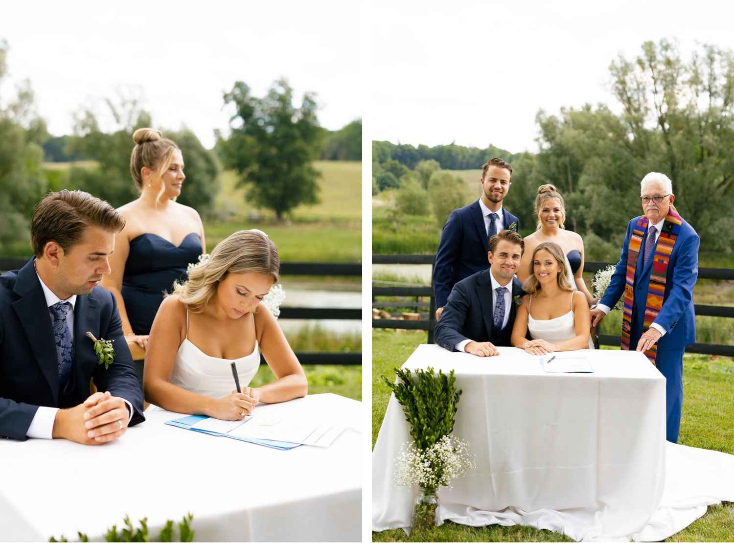 Wedding party members sign official documents at a white-clothed table during an outdoor ceremony.