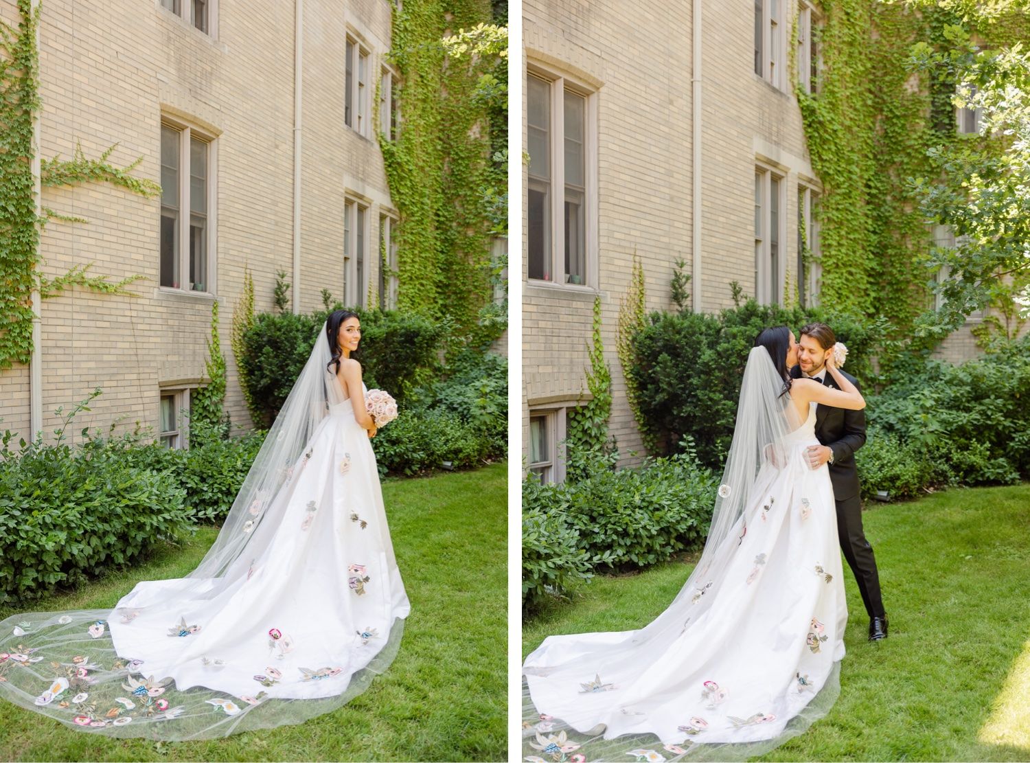 Side by side photos of newlyweds in front of an ivy wall, showcasing the bride's long flowing train.