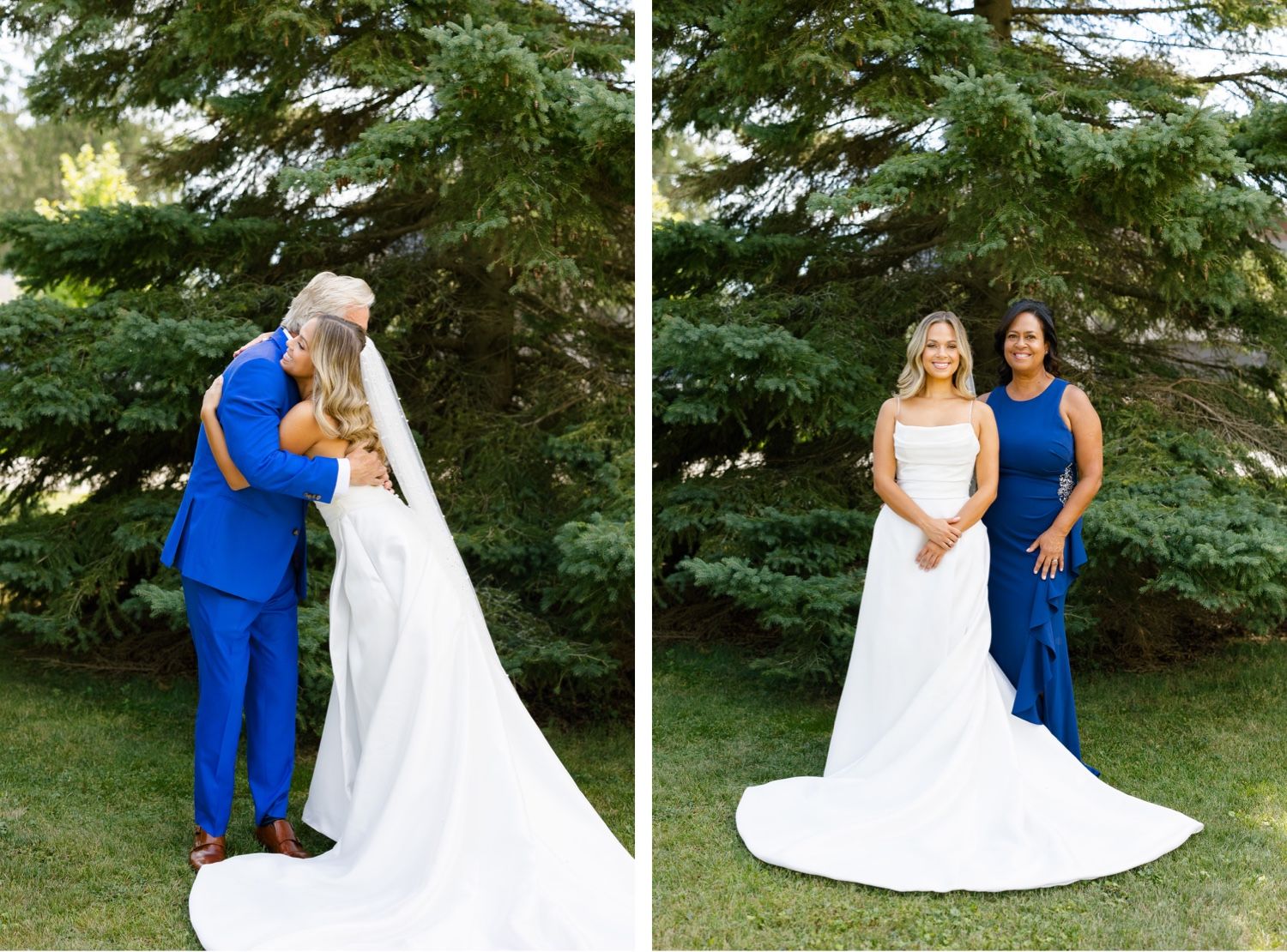 Wedding portraits taken outdoors against evergreen trees with bright blue attire.