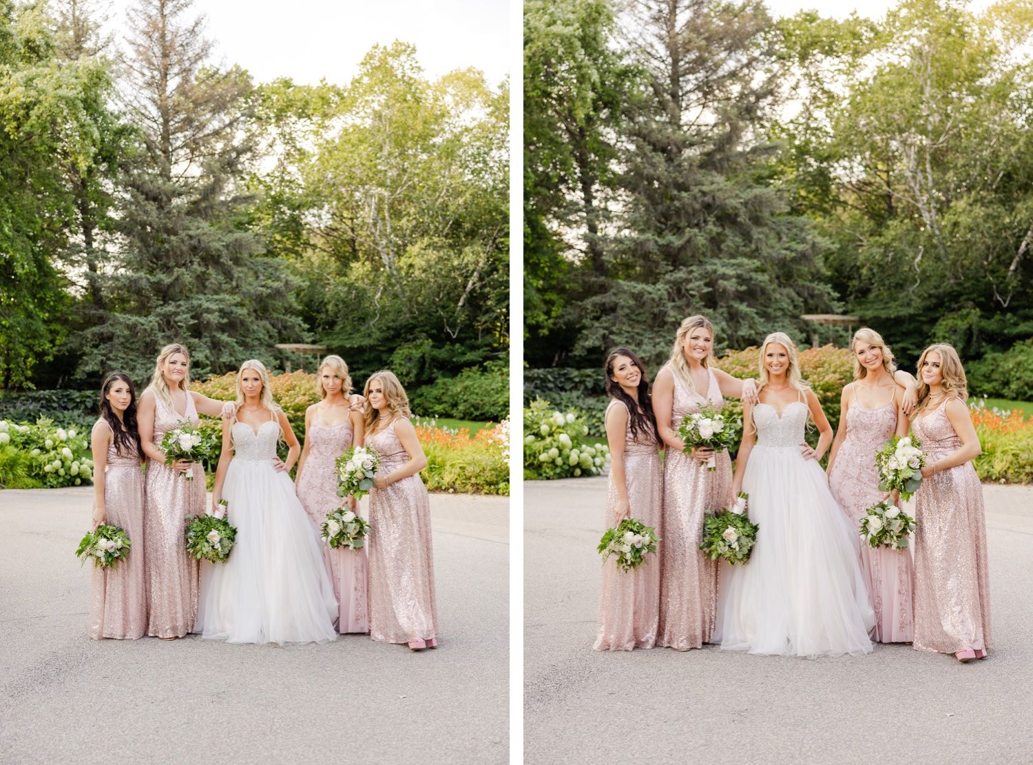 Wedding party poses in pink bridesmaid dresses and white bridal gown in an outdoor garden setting.