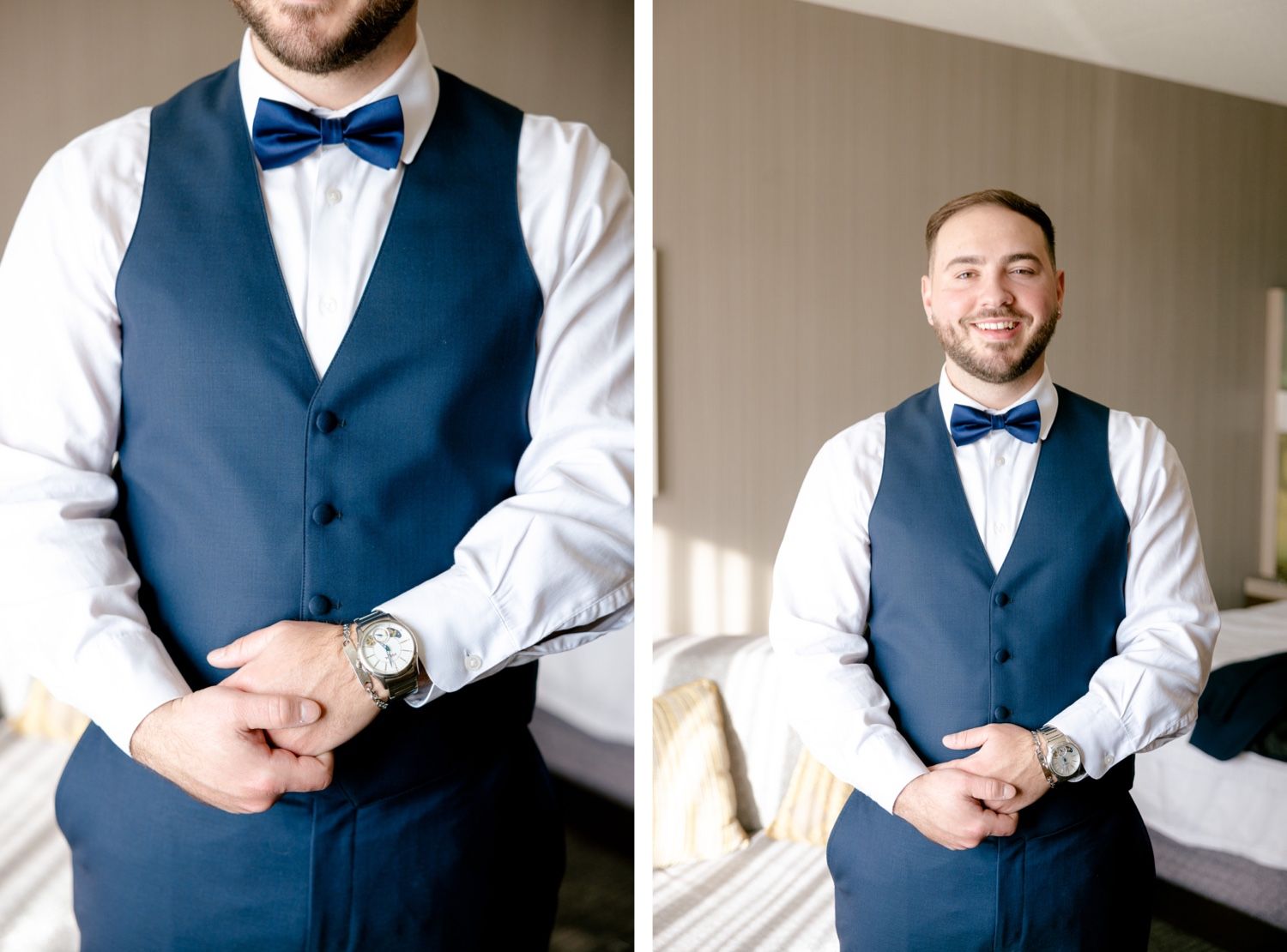 Detailed shots of formal attire showing navy vest, white shirt and bow tie combinations.