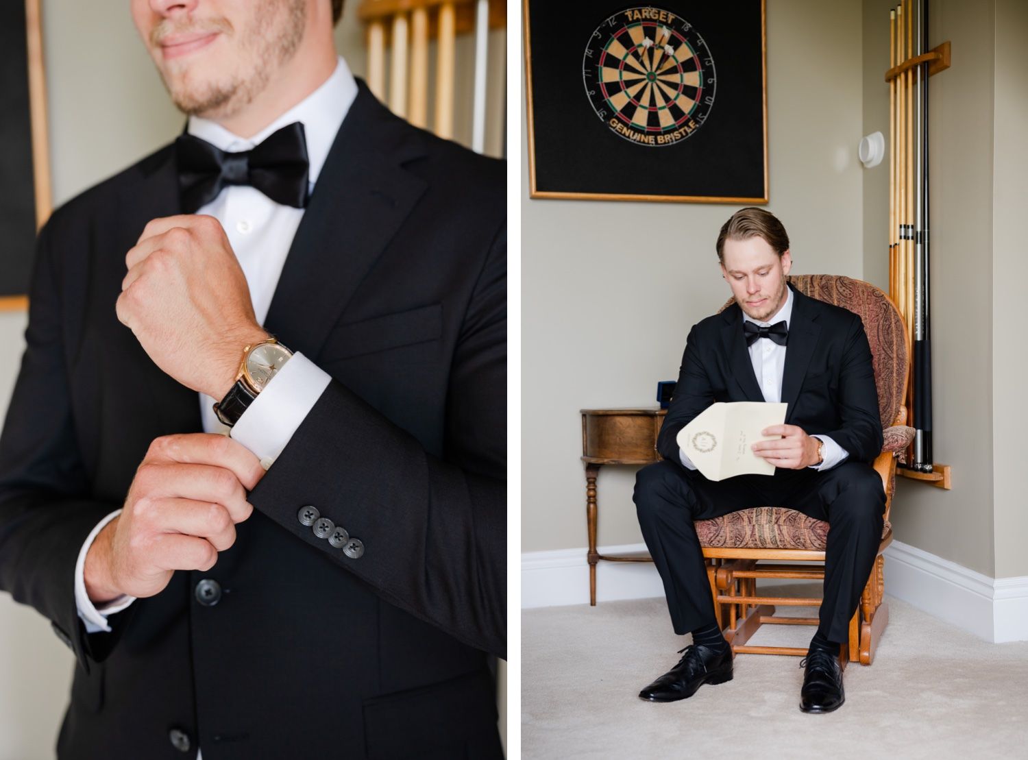 Split image showing watch detail and person sitting in wooden chair wearing formal attire.