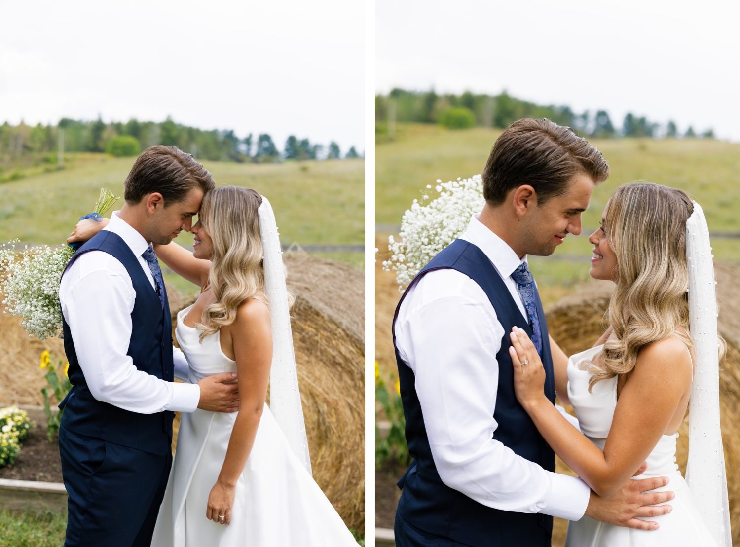 A couple shares an intimate moment during their wedding photoshoot near hay bales.