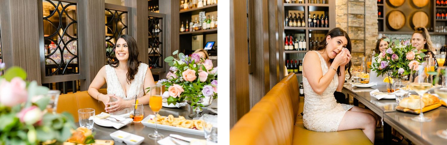 Candid moments captured during a celebration at a modern restaurant space.