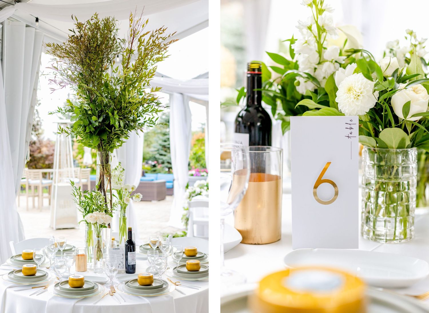 Wedding reception decor featuring tall floral centerpieces and table number six.