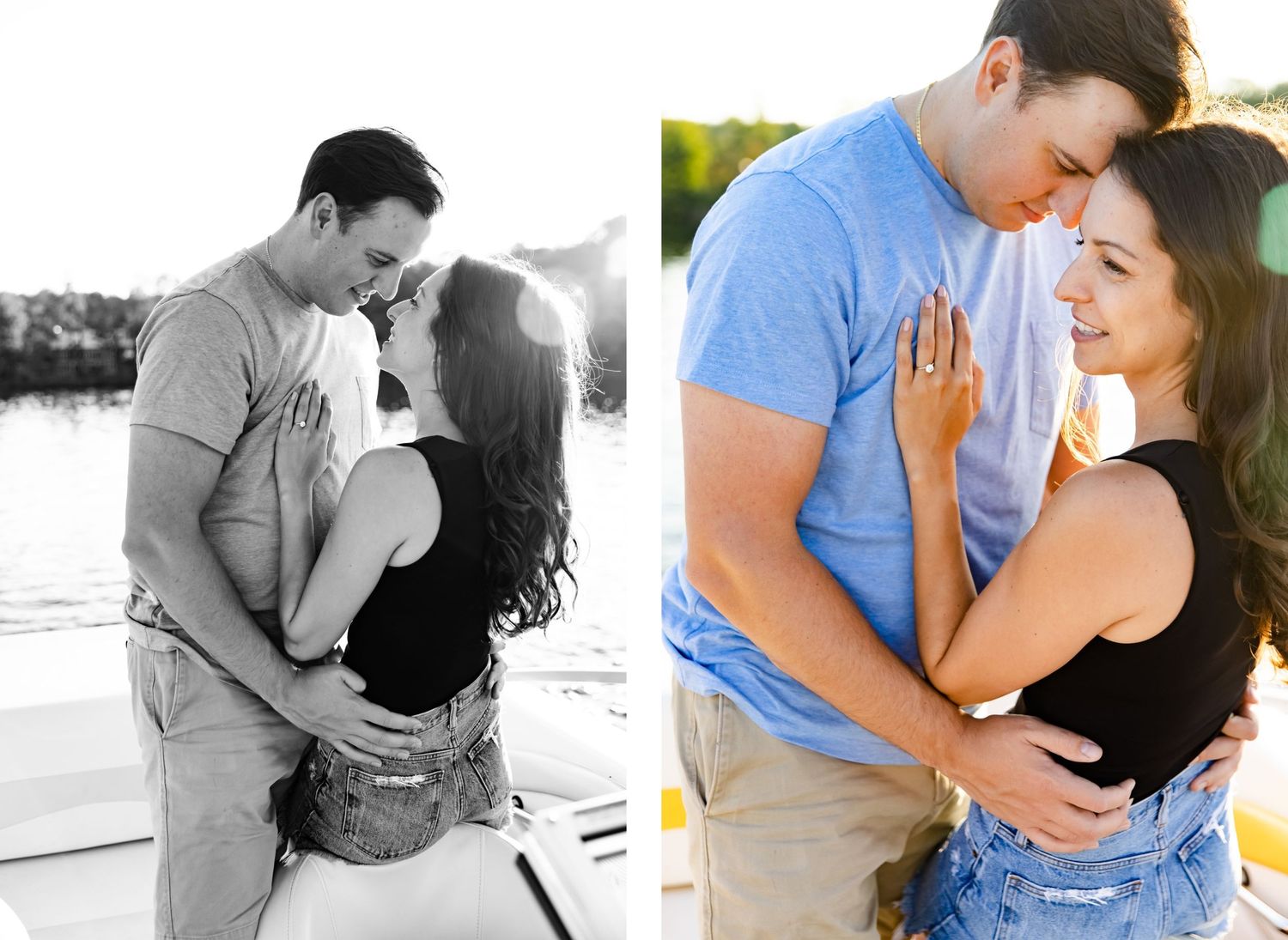 Side by side engagement photos showing couple in both color and black and white.