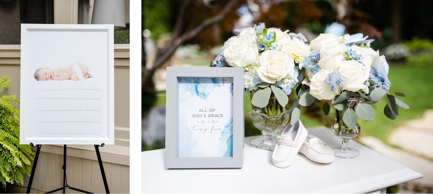White floral arrangements and a blue-framed sign displayed at an outdoor event.