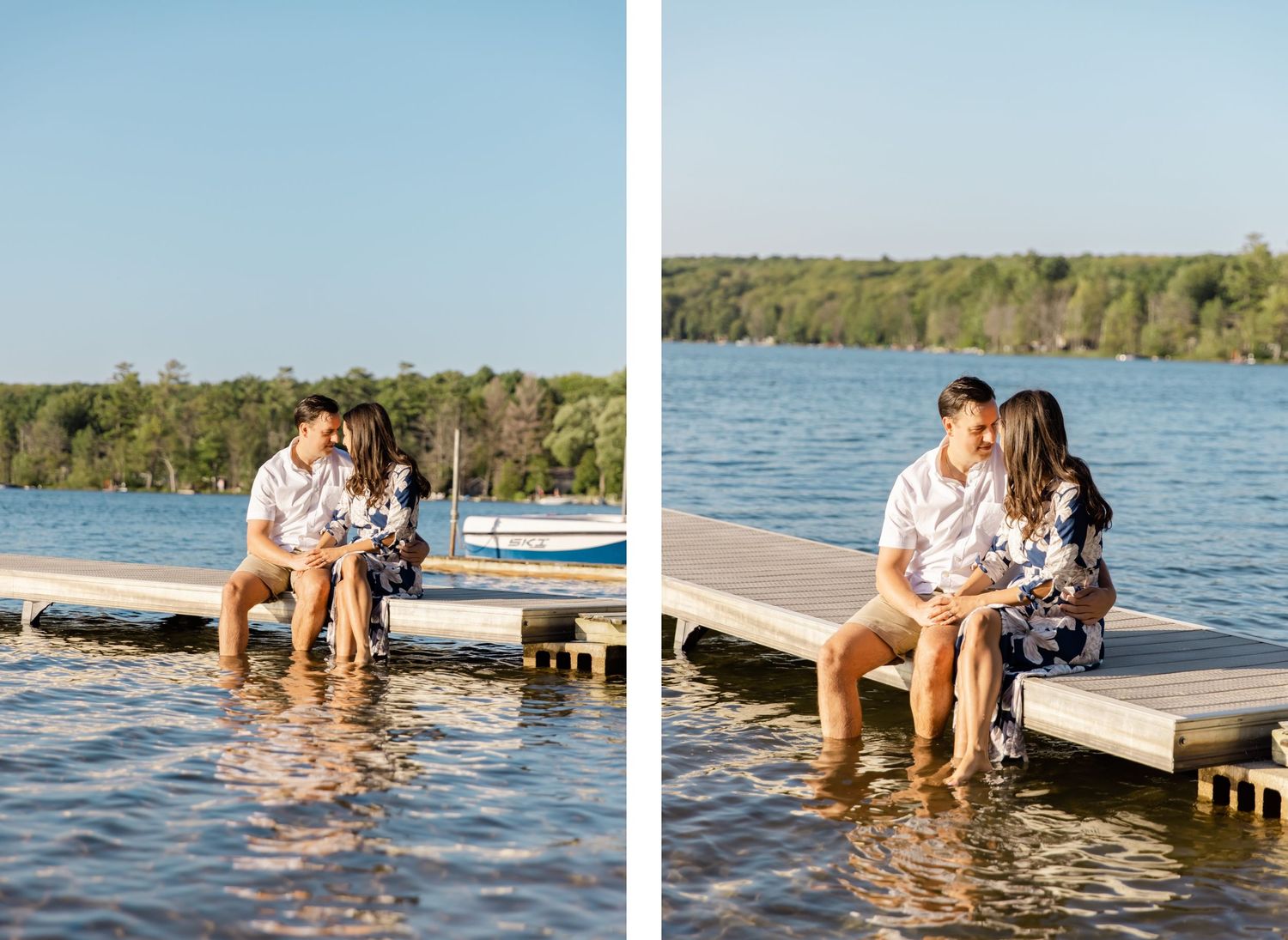 A couple sits close together on a dock with feet in the water, shown in two similar poses.