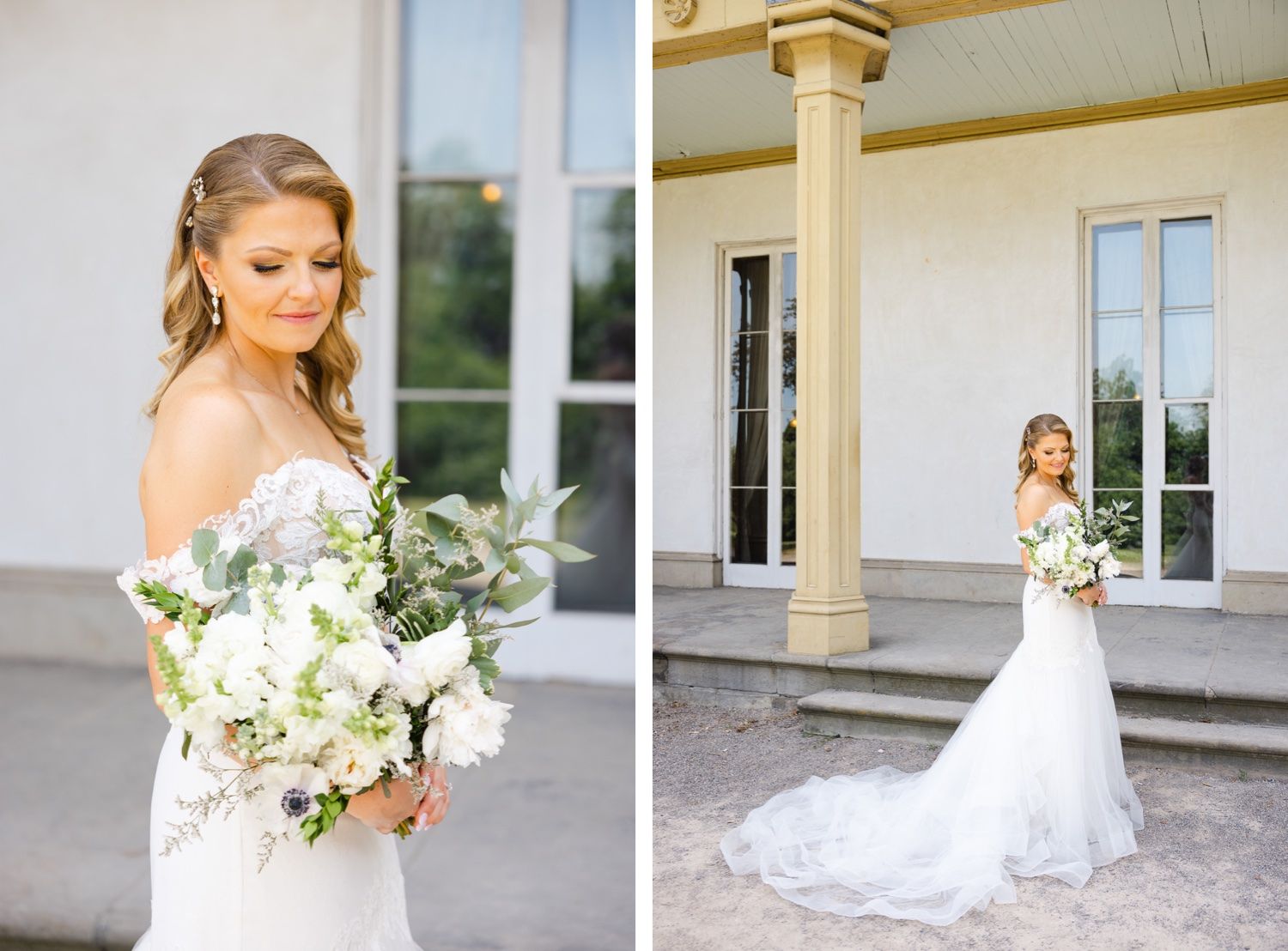 A stunning bridal portrait featuring an elegant white gown and lush bouquet of white flowers against a classic building facade.