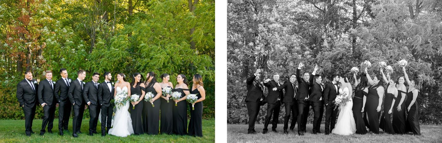 Side-by-side color and black-and-white photos of a wedding party posing outdoors.