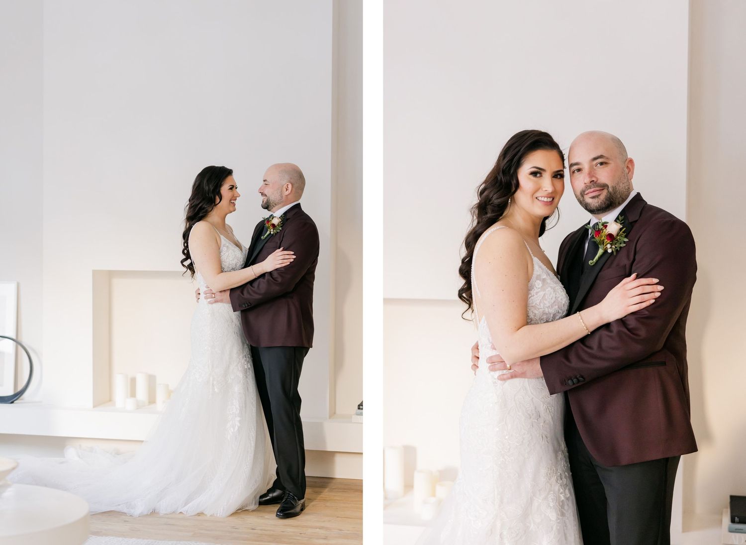 Side by side wedding portraits showing intimate moments between newlyweds in a bright minimal setting.