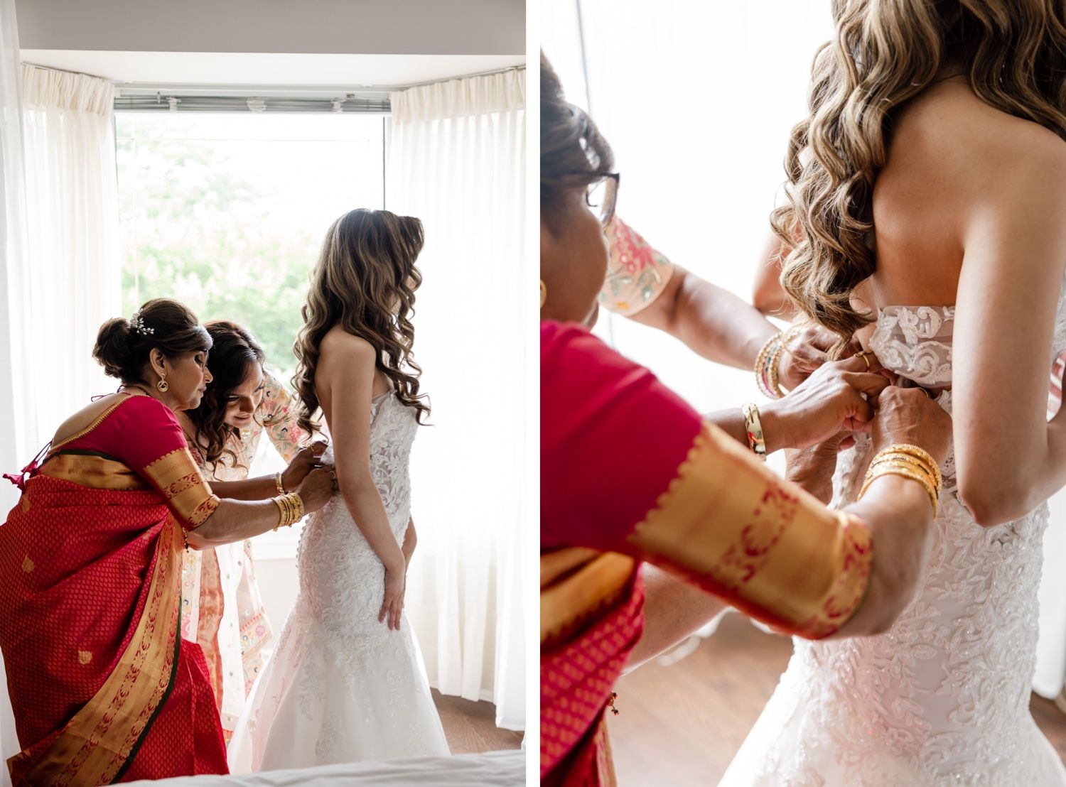 Wedding dress fitting and final adjustments being made in bright window light.