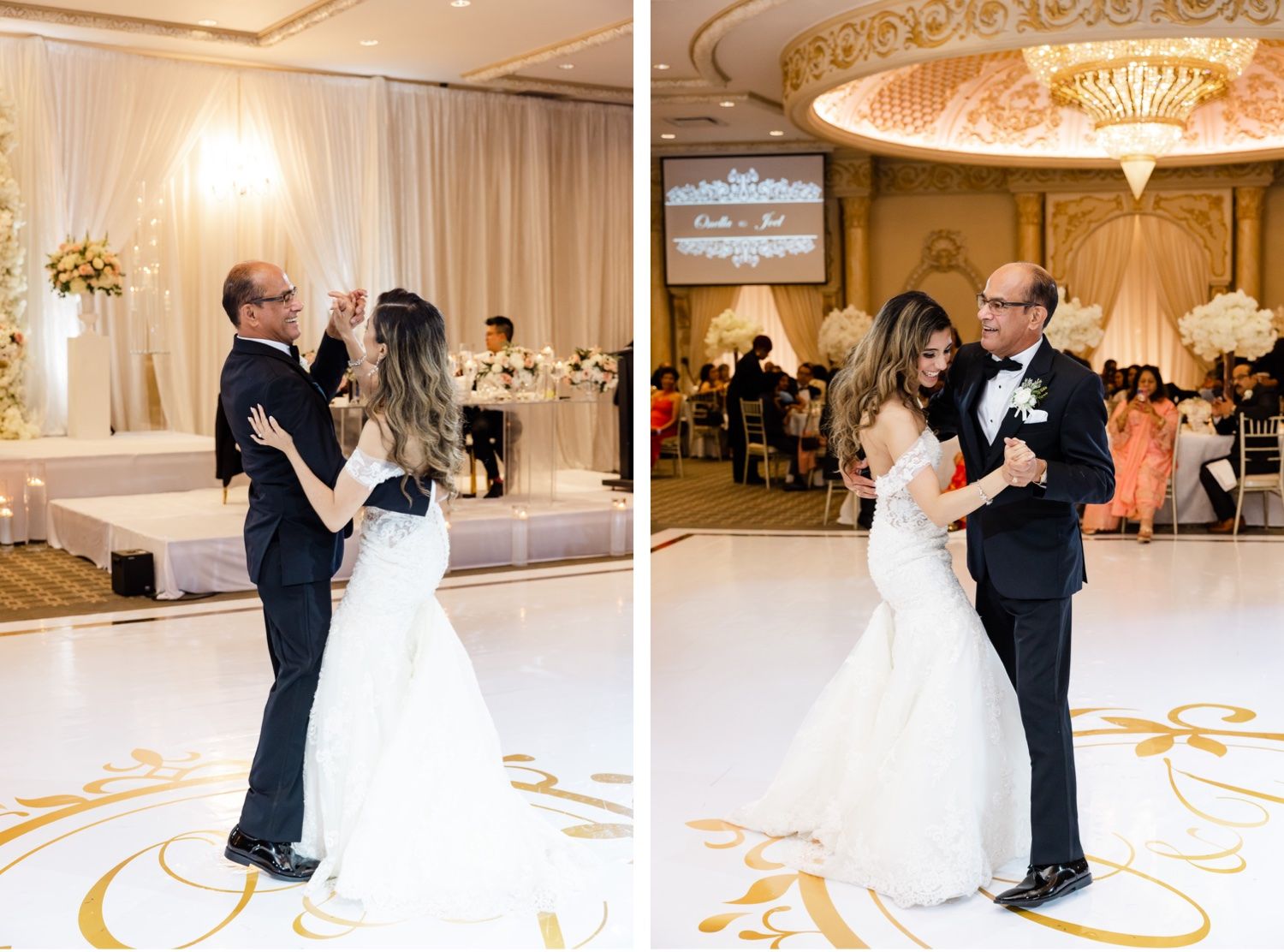 Split image of couple dancing at their wedding reception in an opulent ballroom with chandelier.