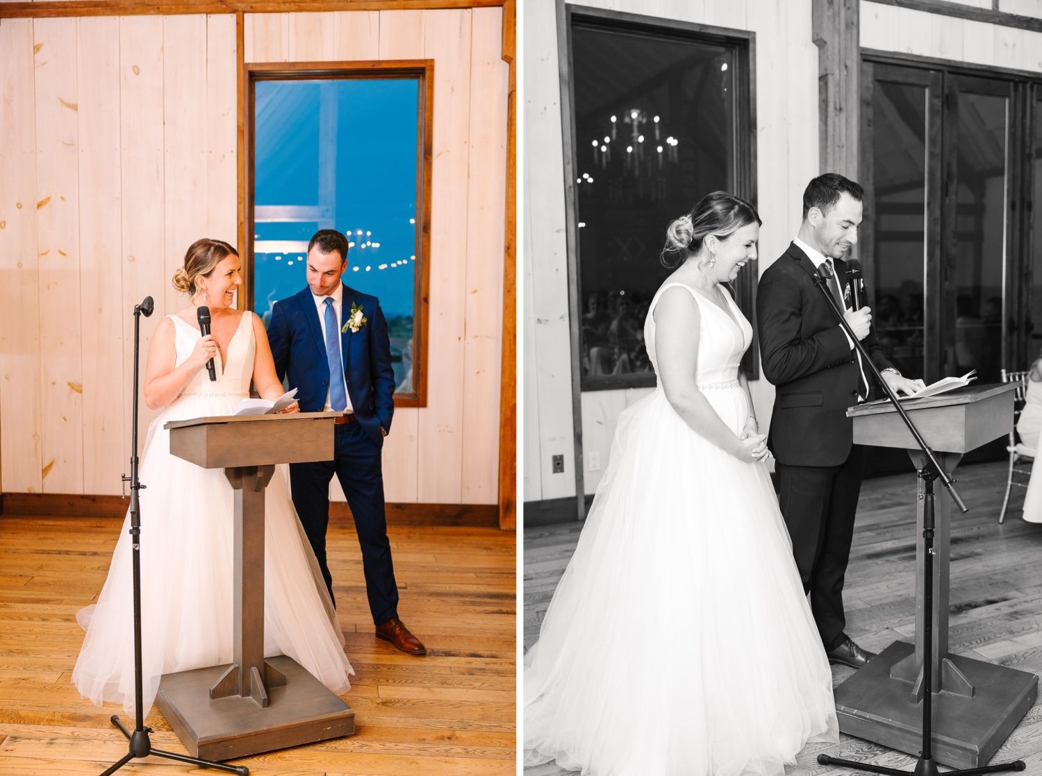 Couple at wedding reception speaking at wooden podium in rustic venue shown in color and black and white.